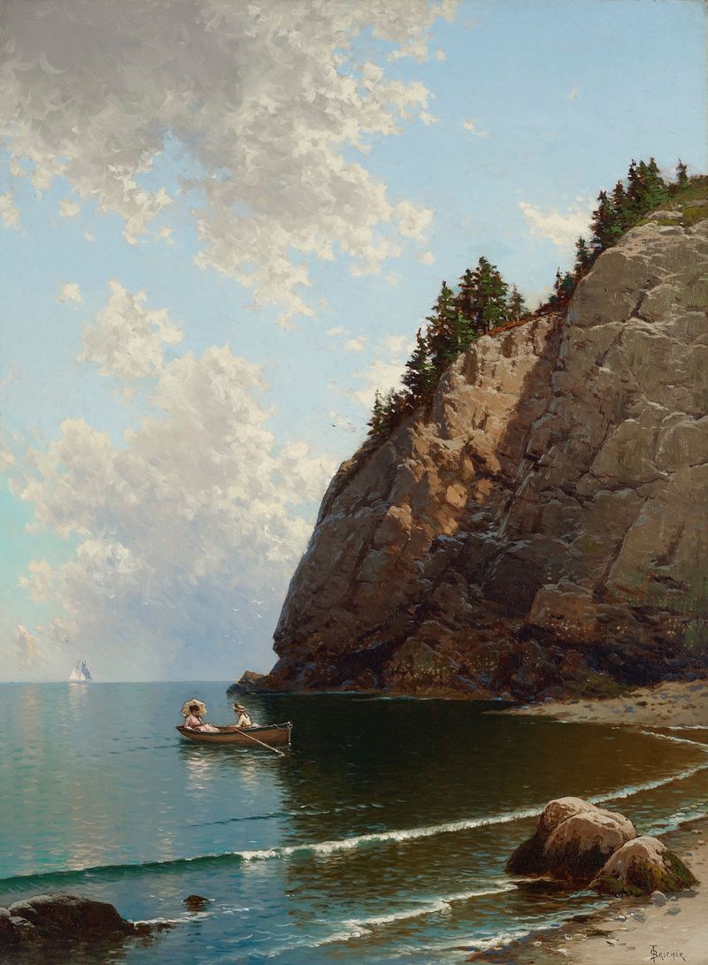 Dos figuras en un bote en aguas tranquilas, pintura al óleo de Alfred Thompson Bricher
