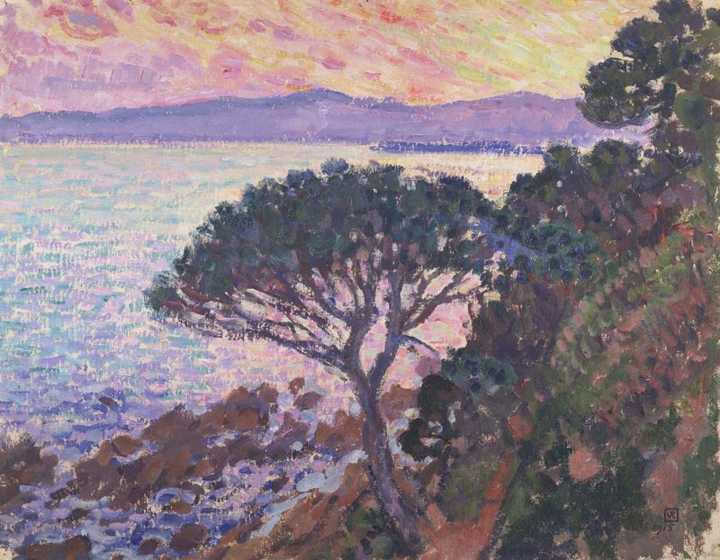 Pine tree silhouette against a sunset sky, oil on canvas by Theo van Rysselberghe