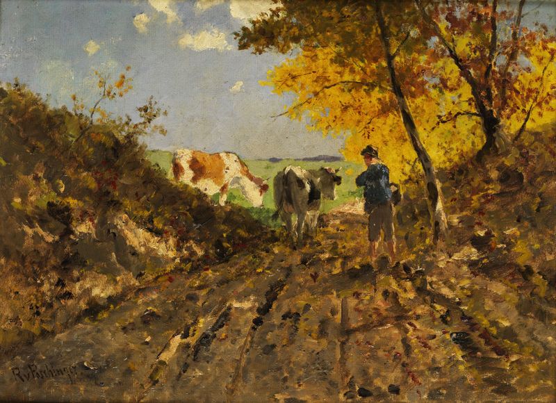 Paisagem com vacas em um pasto, pintura a óleo de Richard Von Poschinger