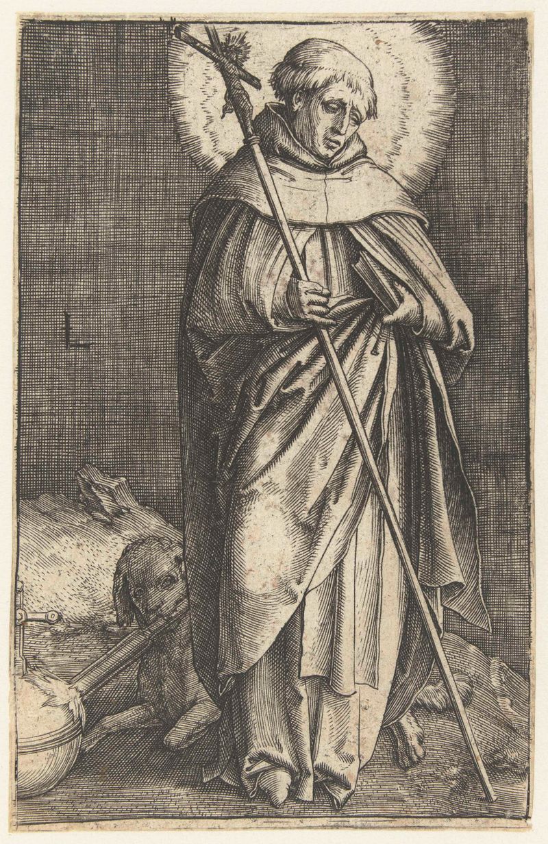 Gravura de Santo Domingo por Lucas van Leyden, destacando suas vestes e expressão.