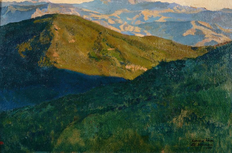 Vallée de la Soummam de Léon Carré, óleo sobre tela que retrata um vale com vegetação exuberante e terreno rochoso.