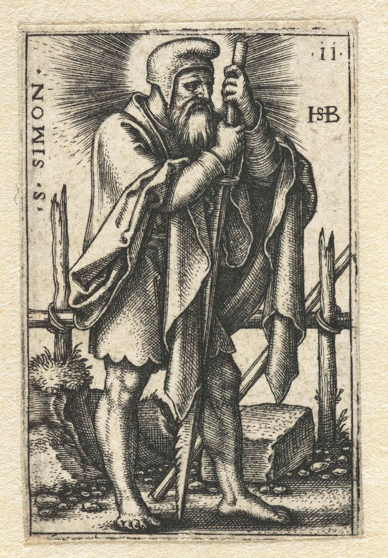 Gravura de Hans Sebald Beham representando Simon Zelotes em uma capa vermelha.