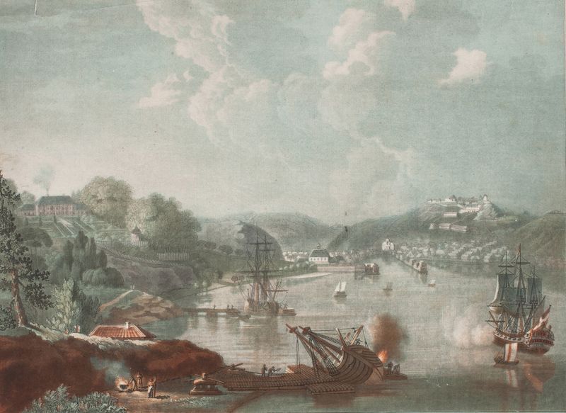 Vue de la ville Frederikshald by Georg Haas, depicting a vibrant cityscape in pastel colors.