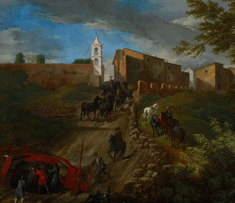 Cena de gênero representando viajantes e uma carruagem sob um arco, pintura a óleo de Pieter van Bloemen