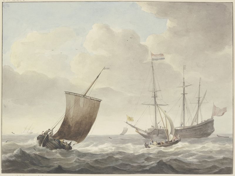 Marine scene with ships and a yellow flag featuring a lion, oil painting by Martinus Schouman