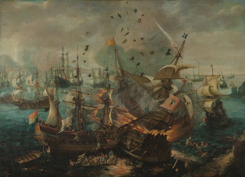 Historical oil painting by Cornelis Claesz van Wieringen depicting a naval battle at Gibraltar.