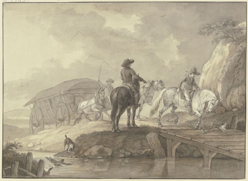 Oil painting by Johann Georg Pforr showing a laden wagon crossing a bridge with riders and dogs.
