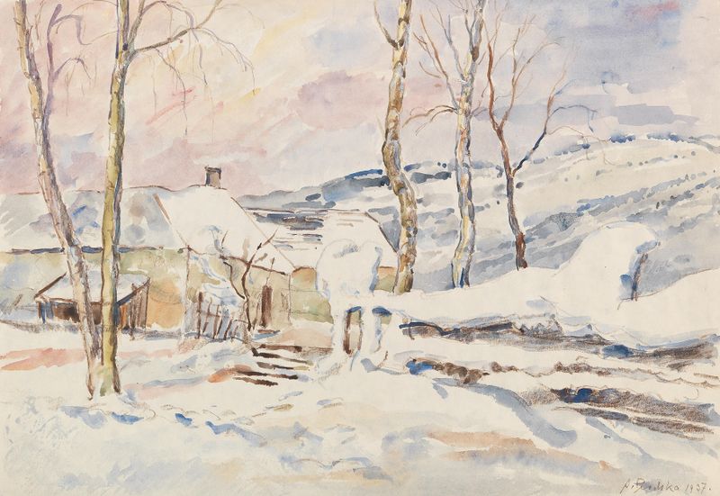 Winter landscape with sculptures along a fence by Anton Emanuel Peschka, medium unknown.