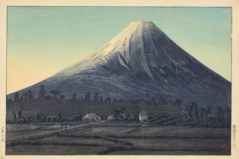 Ukiyo-e by Takahashi Hiroaki depicting Mount Fuji at sunset.