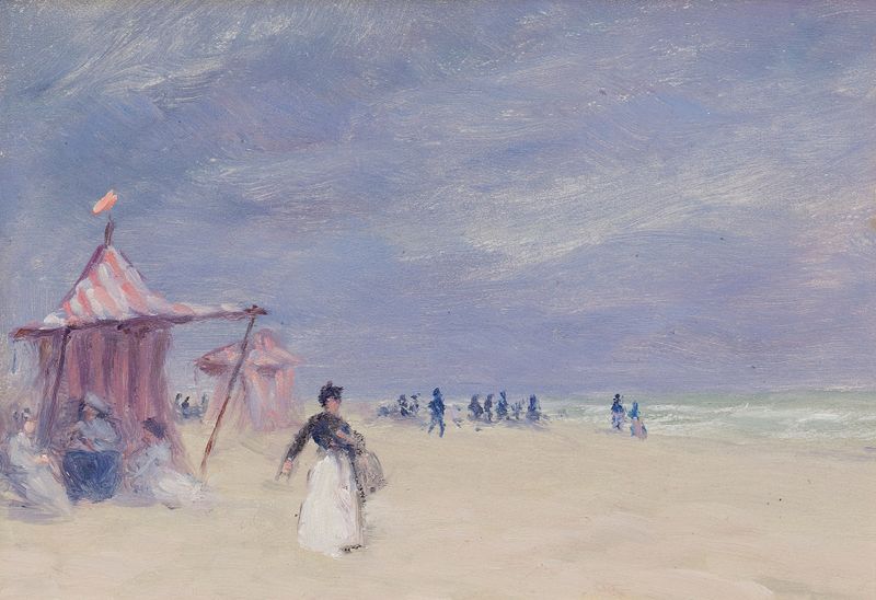 Cena marinha de praia com figuras de Robert Harris, pintura a óleo
