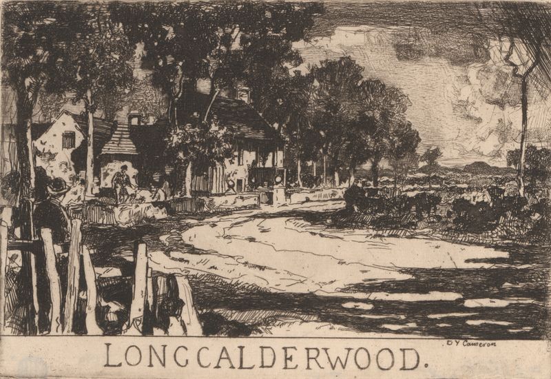 Gravura Long Calderwood de David Young Cameron que retrata uma paisagem serena com colinas e um rio.