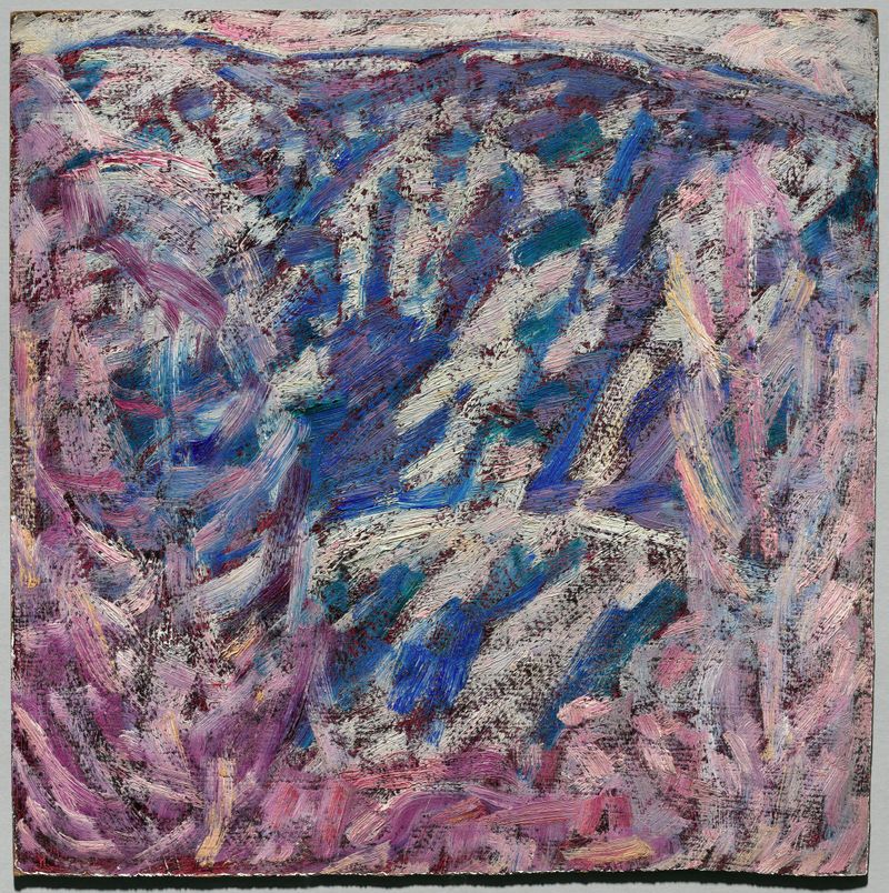 Abstract composition by Marsden Hartley, oil on cardboard, featuring vibrant colors and dynamic forms.