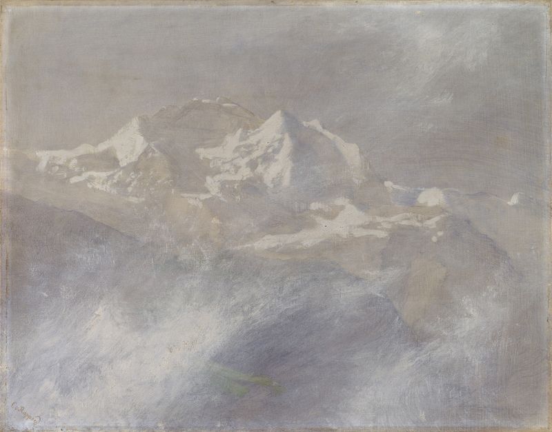 The Jungfrau in the fog, pintura al óleo de Clara von Rappard, que muestra montañas en la niebla.