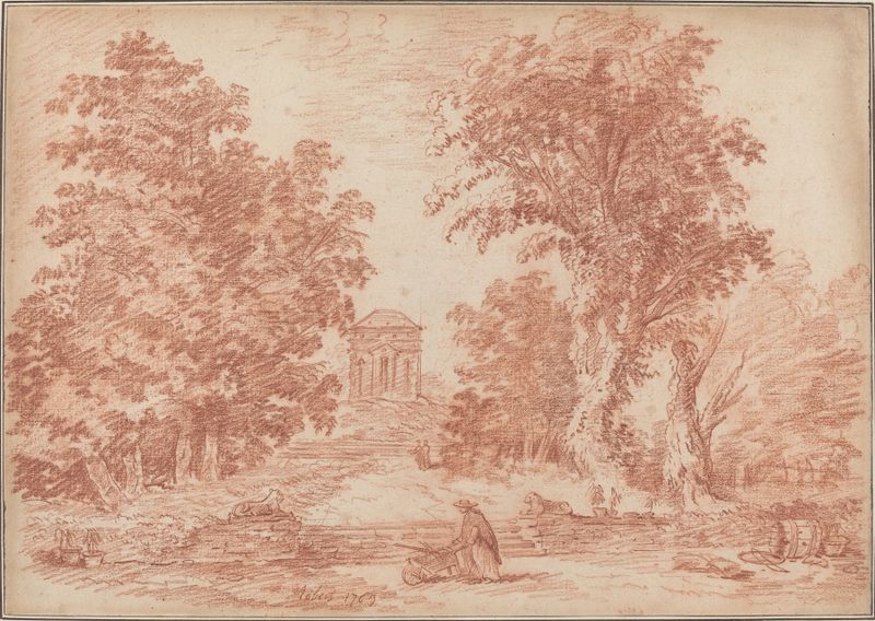 Paisaje con un tempietto en un parque, pintura al óleo de Hubert Robert
