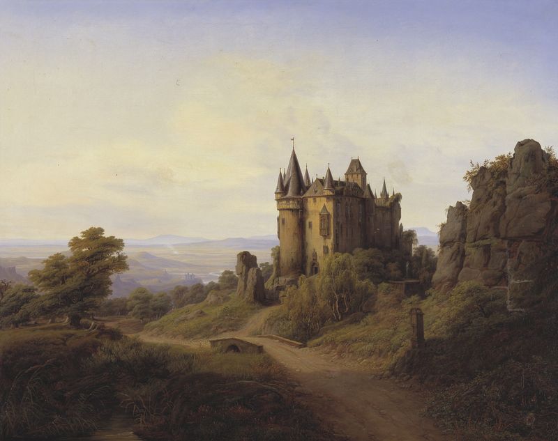 Paisaje con un castillo y un río, pintura al óleo de Frederik Sødring