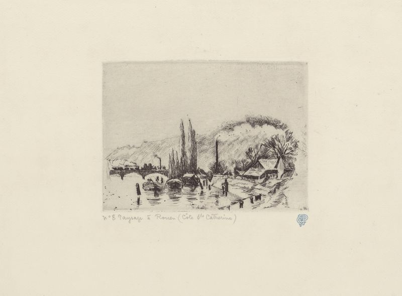 Paysage à Rouen de Camille Pissarro, óleo sobre tela que retrata campos serenos e céu tranquilo.