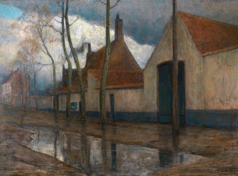 In the Suburbs by Frans Hens, depicting a landscape with a crumbling wall in post-impressionism style.