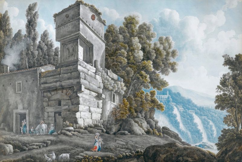 Acuarela de Abraham-Louis-Rodolphe Ducros que muestra una villa junto a cascadas en Tivoli.