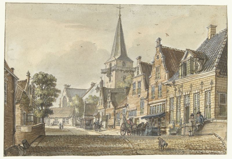 Etching by Jan de Beijer depicting a tranquil village scene with thatched roofs