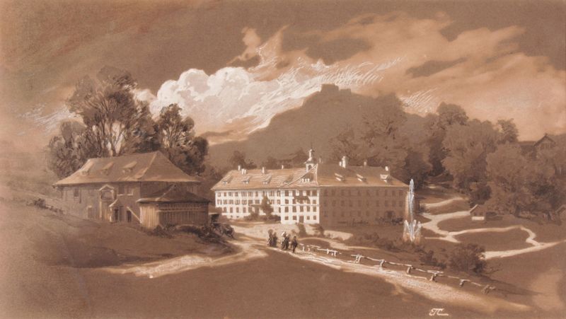 Heinrichsbad in Herisau de Edward Theodore Compton, pintura a óleo que retrata uma paisagem de rio tranquila