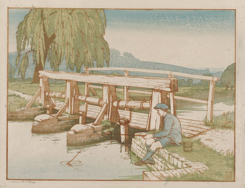 Fishing de James Hiley Milner, uma pintura a óleo impressionista que retrata águas tranquilas e pesca.