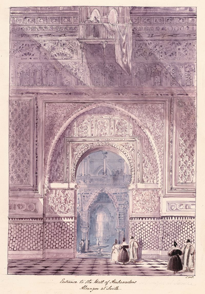 Watercolour by Charles Hamilton Smith depicting an ornate archway in the Alcazar at Seville