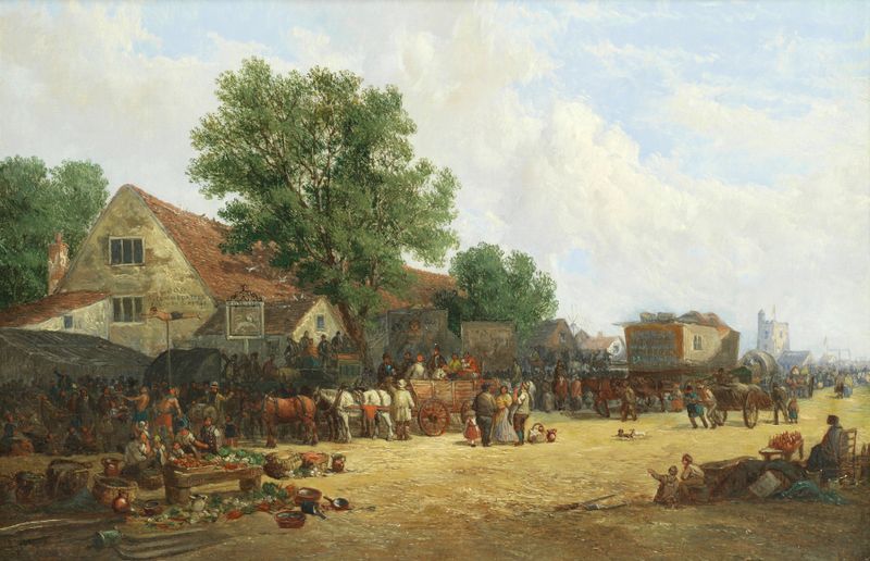 Escena de género que representa una feria del pueblo, óleo sobre lienzo de James Holland