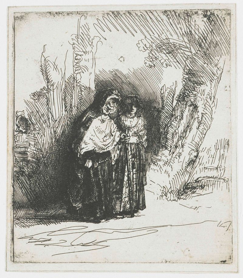 Grabado de Rembrandt van Rijn que muestra a Preciosa y Majombe en conversación.