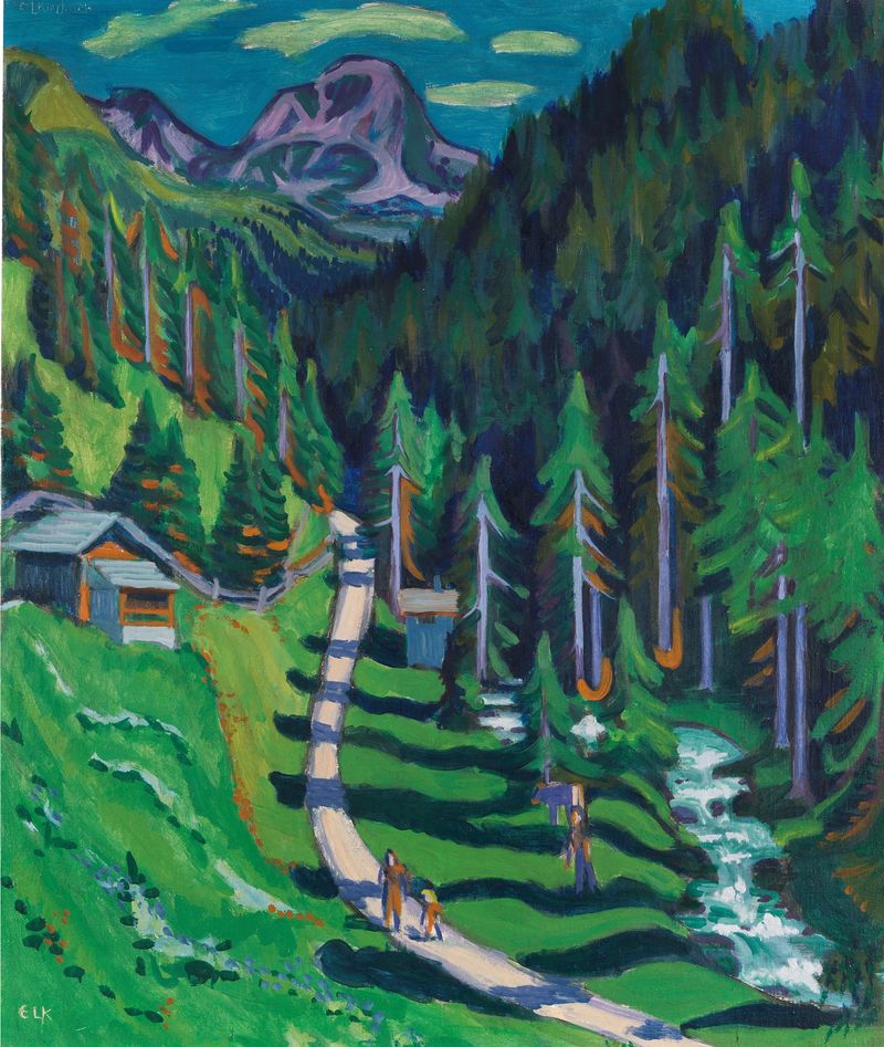 Sertigweg by Ernst Ludwig Kirchner, oil painting depicting vibrant hills and nature.
