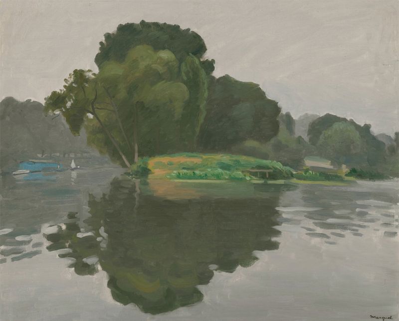 L’Île de Albert Marquet, óleo sobre lienzo que representa una isla, agua y árboles.
