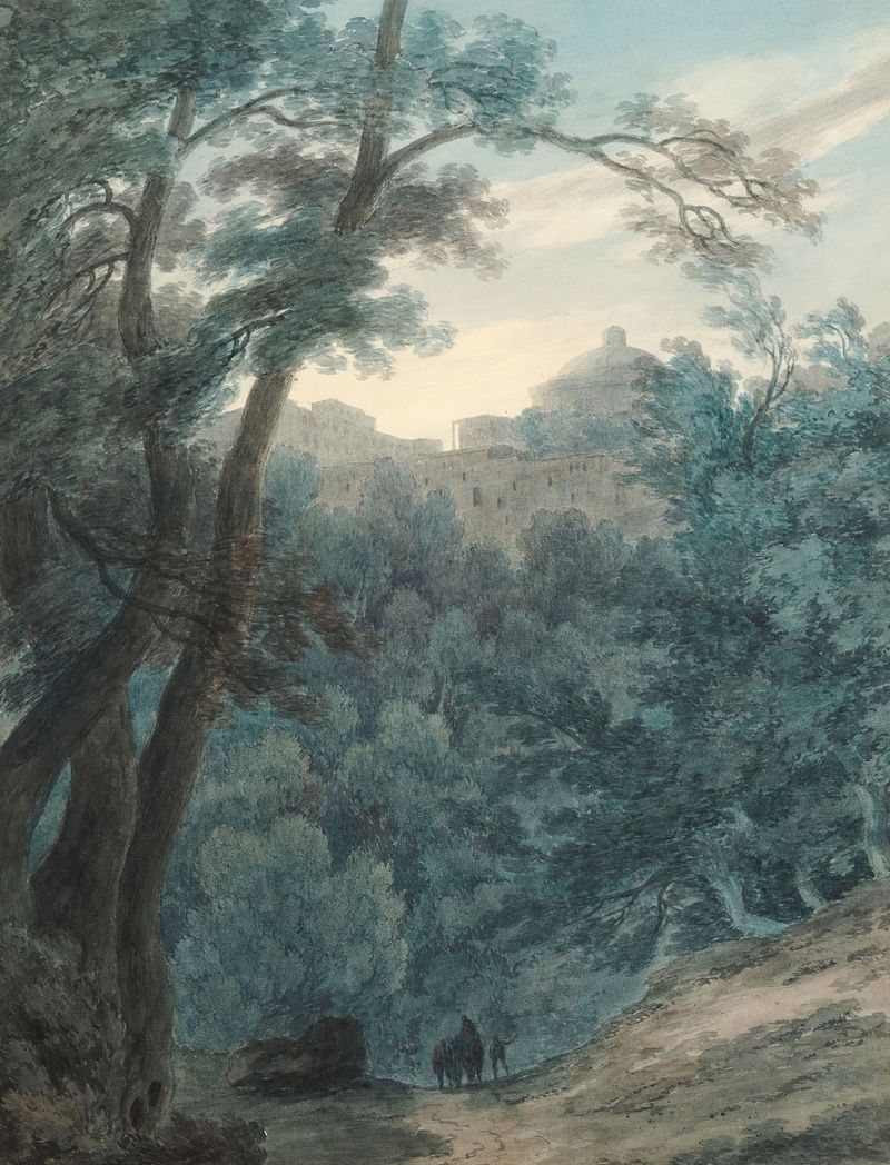 Wooded landscape with a monastery, watercolor by John Robert Cozens