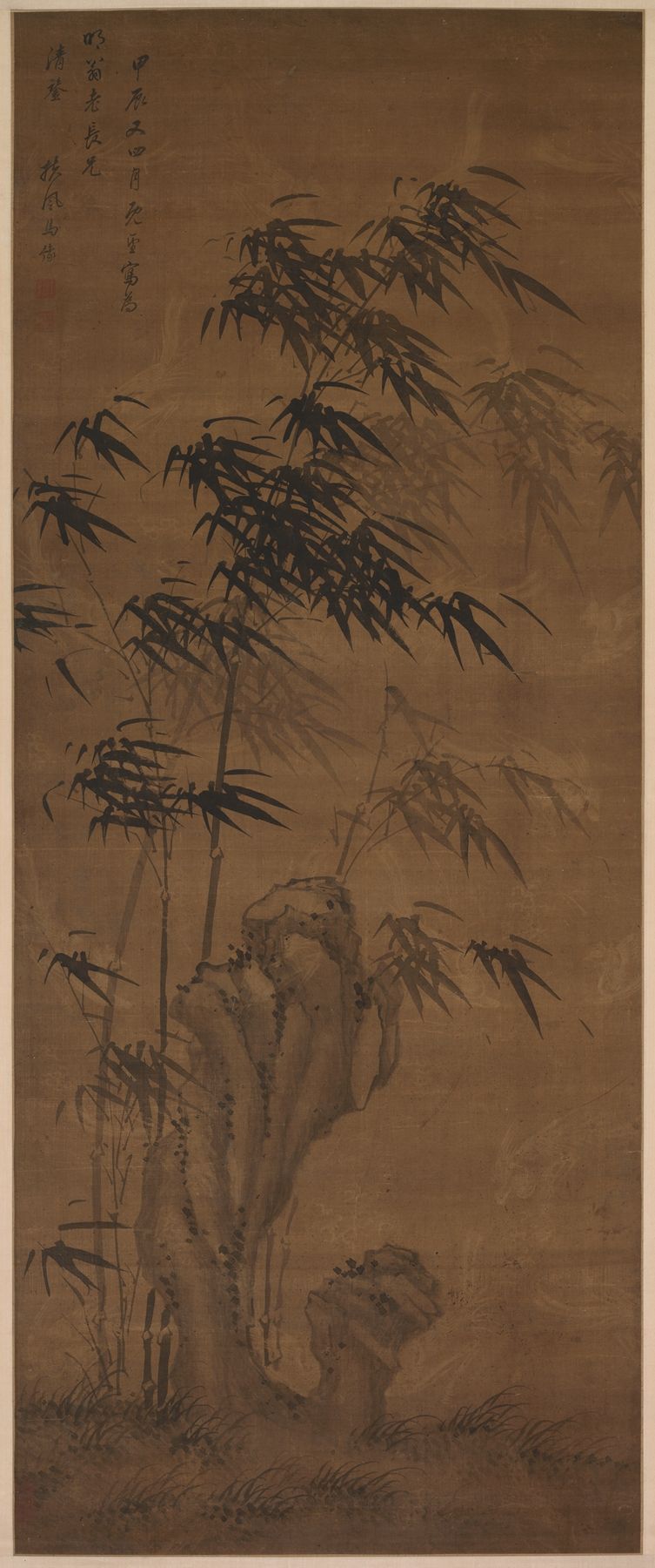 Bamboo in the Wind de Ma Yu, tinta sobre papel, muestra cañas de bambú inclinándose con gracia en el viento.