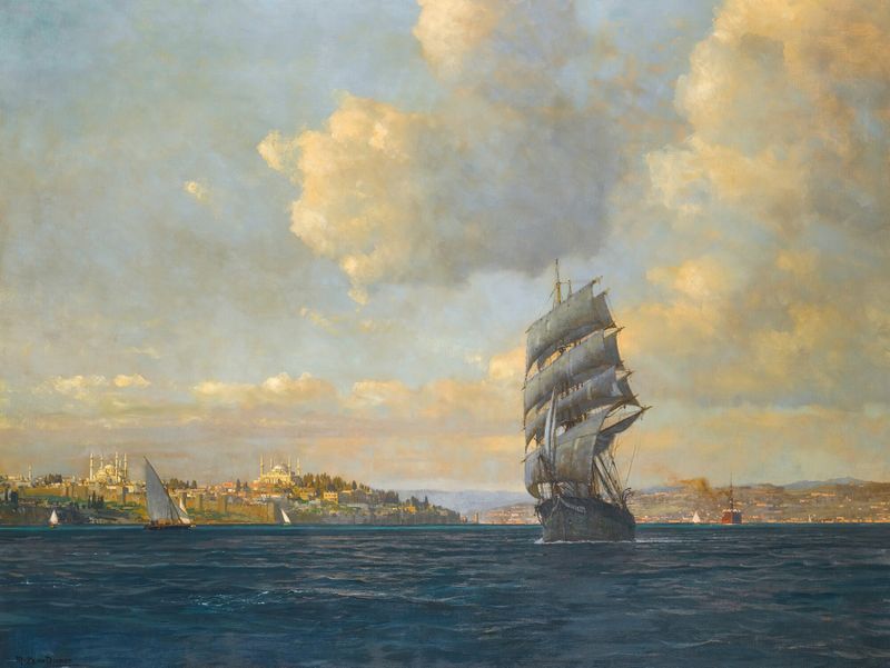 Sailing On The Bosphorus by Michael Zeno Diemer, oil painting depicting a boat at dawn.