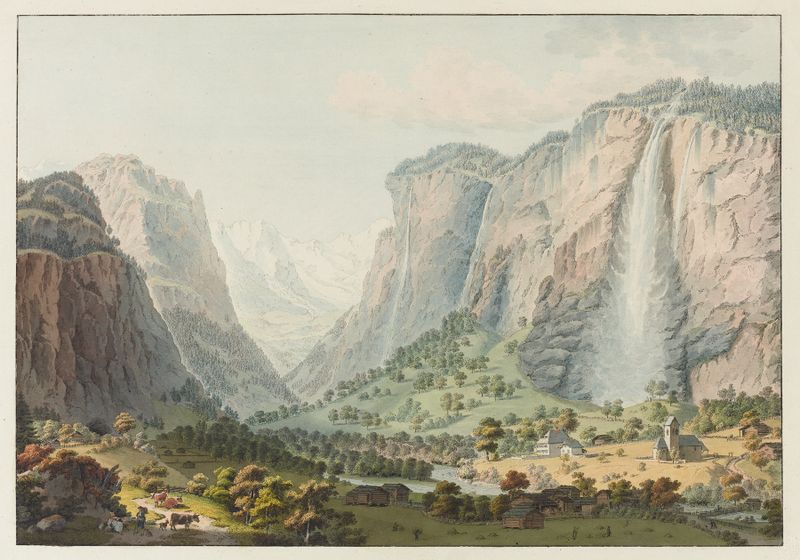Pintura a óleo de paisagem de Gabriel Lory the older apresentando a Cachoeira Staubbach nos Alpes suíços.