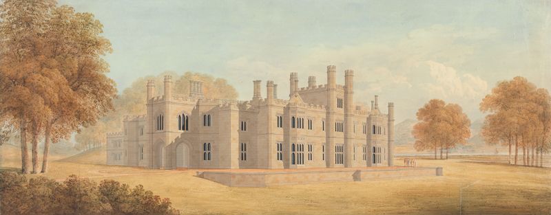 Dunmore Park de William Wilkins, pintura a óleo que retrata vegetação exuberante e paisagem serena.