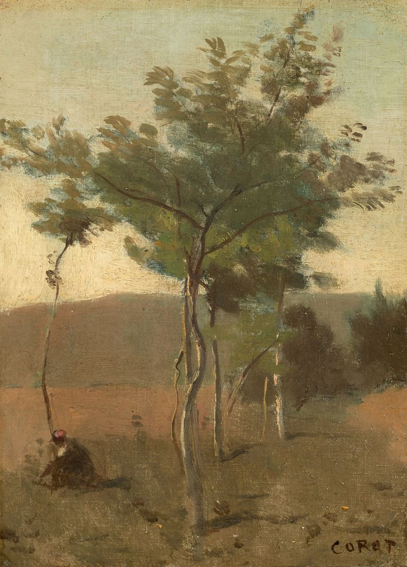 Paisaje con árboles al atardecer de Jean-Baptiste-Camille Corot, pintura al óleo