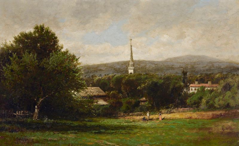 Paisaje con Iglesia de John Bunyan Bristol, pintura al óleo que muestra una iglesia serena en la naturaleza.