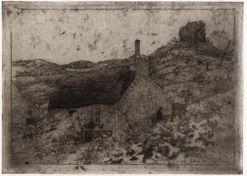 Fisherman’s Hut on the Hill de Julian Alden Weir, pintura a óleo que retrata uma paisagem tranquila.