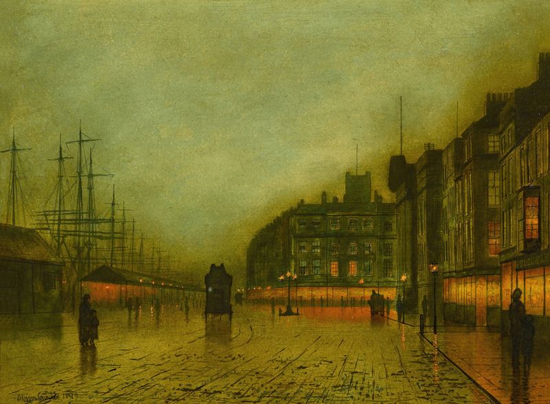 Liverpool Docks de John Atkinson Grimshaw, pintura al óleo que representa muelles urbanos de noche