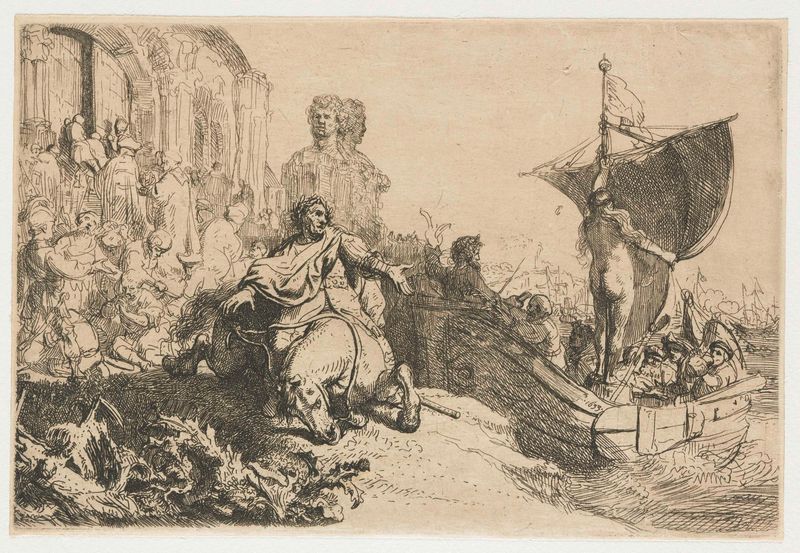 Gravura de Rembrandt van Rijn mostrando um navio navegando em águas tumultuosas.