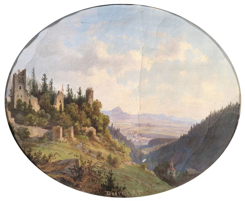 Landscape oil painting by Ernst Gustav Doerell depicting Riesenburg and the Cistercian Monastery of Ossegg.