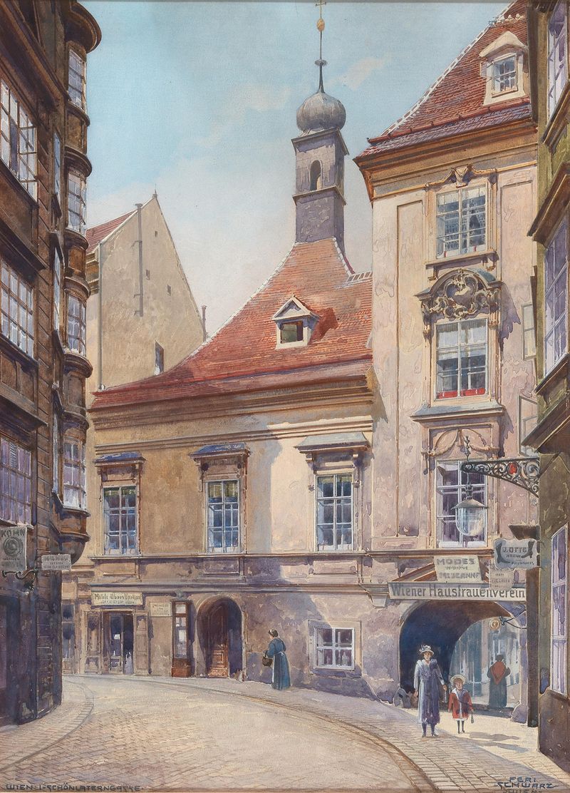 Pintura a óleo de Feri Schwarz retratando uma paisagem urbana com luz quente.
