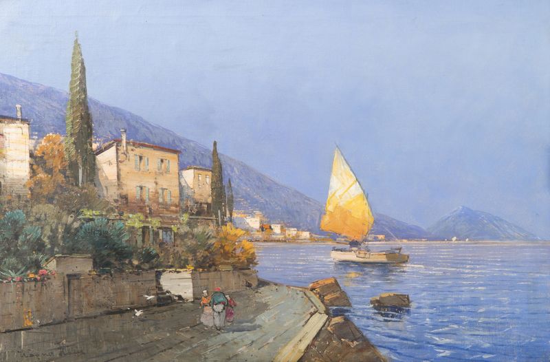 Paisagem Mediterrânea de Georg Fischhof, pintura a óleo que retrata colinas e pôr do sol.