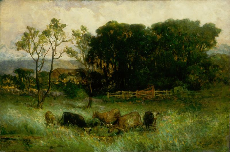 Cinco vacas en un pasto, óleo sobre lienzo de Edward Mitchell Bannister