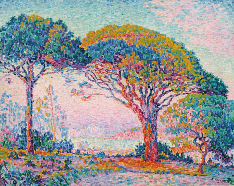 La Baie de Paul Signac, óleo sobre lienzo que muestra una vibrante escena de playa.