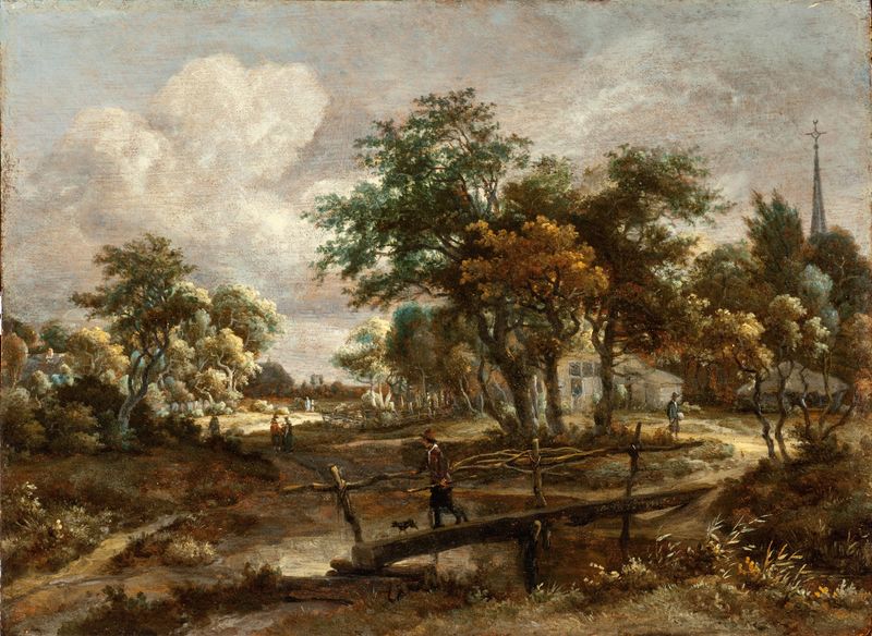 Landscape with a footbridge over a river, oil on canvas by Meindert Hobbema