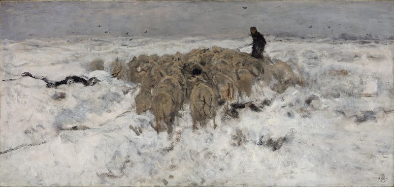 Flock of sheep with shepherd in the snow, óleo de Anton Mauve