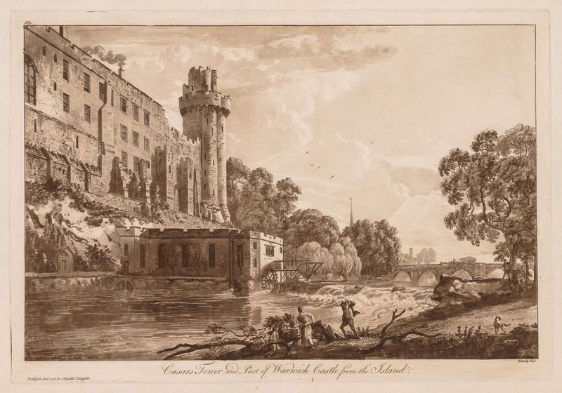 Acuarela de Paul Sandby que representa la Torre de César y el Castillo de Warwick desde la isla