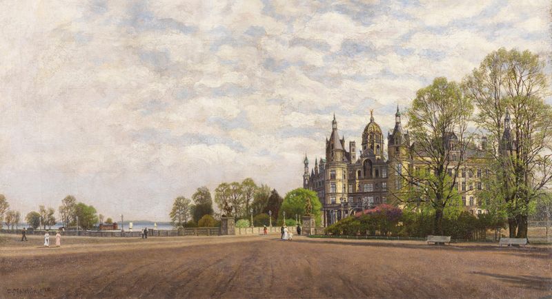 Blick auf Schloss Schwerin by Carl Malchin, impressionist oil painting depicting a lake and castle.