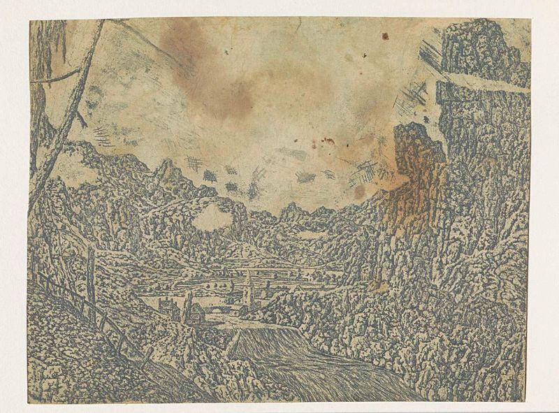 Etching by Hercules Segers depicting a waterfall, trees, and rocks.